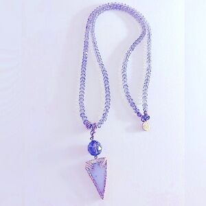 Necklace pale Druzy Arrowhead goldplate dipped, faceted smoky gray bead,crystals